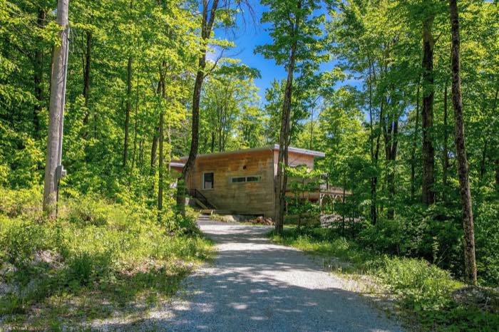 L'allée de gravier qui monte vers le chalet à travers les arbres